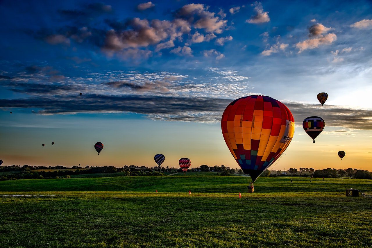 colorful air balloons in the sky sunset panoramaair